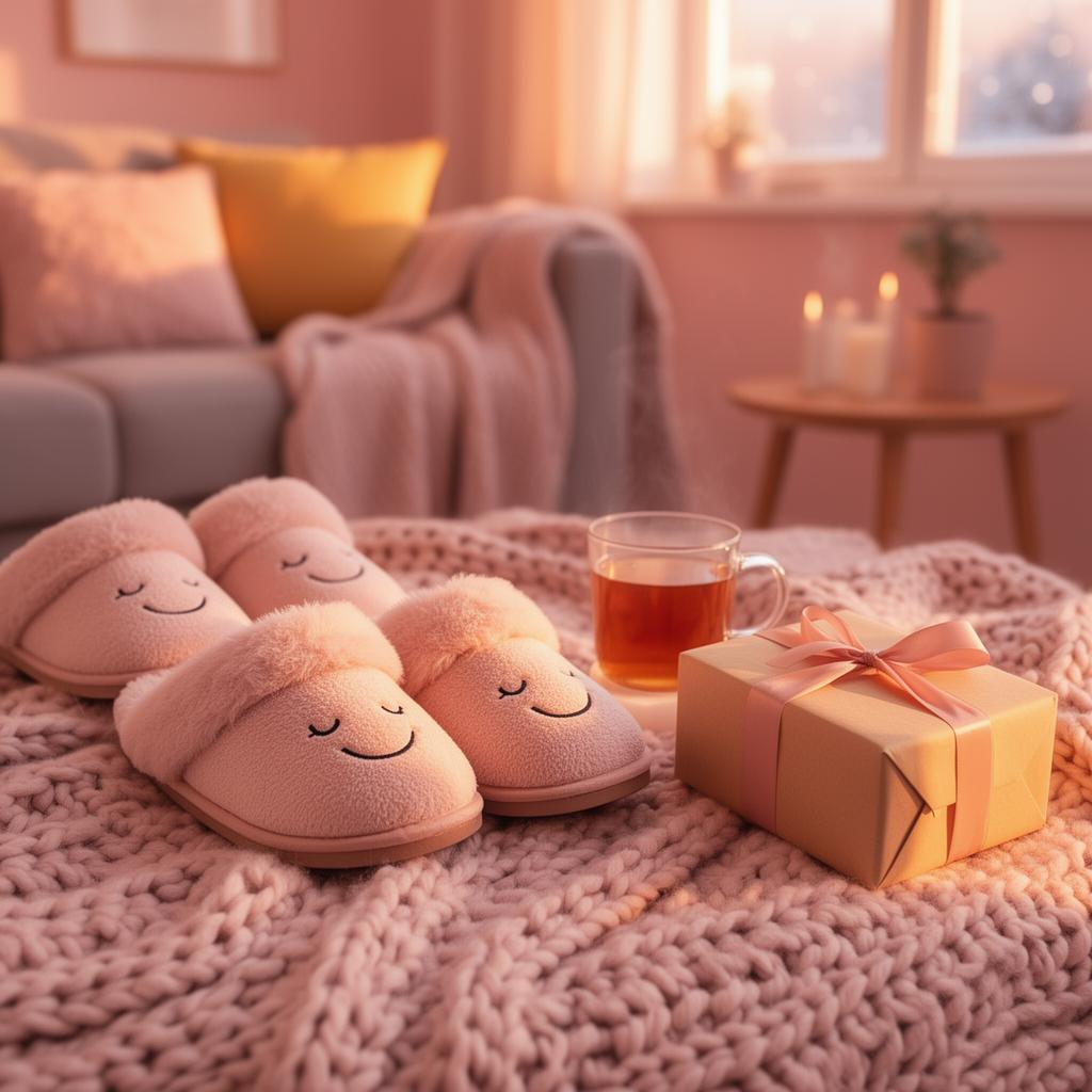 Pluche smiley-sloffen als cadeau bij een knus warm interieur